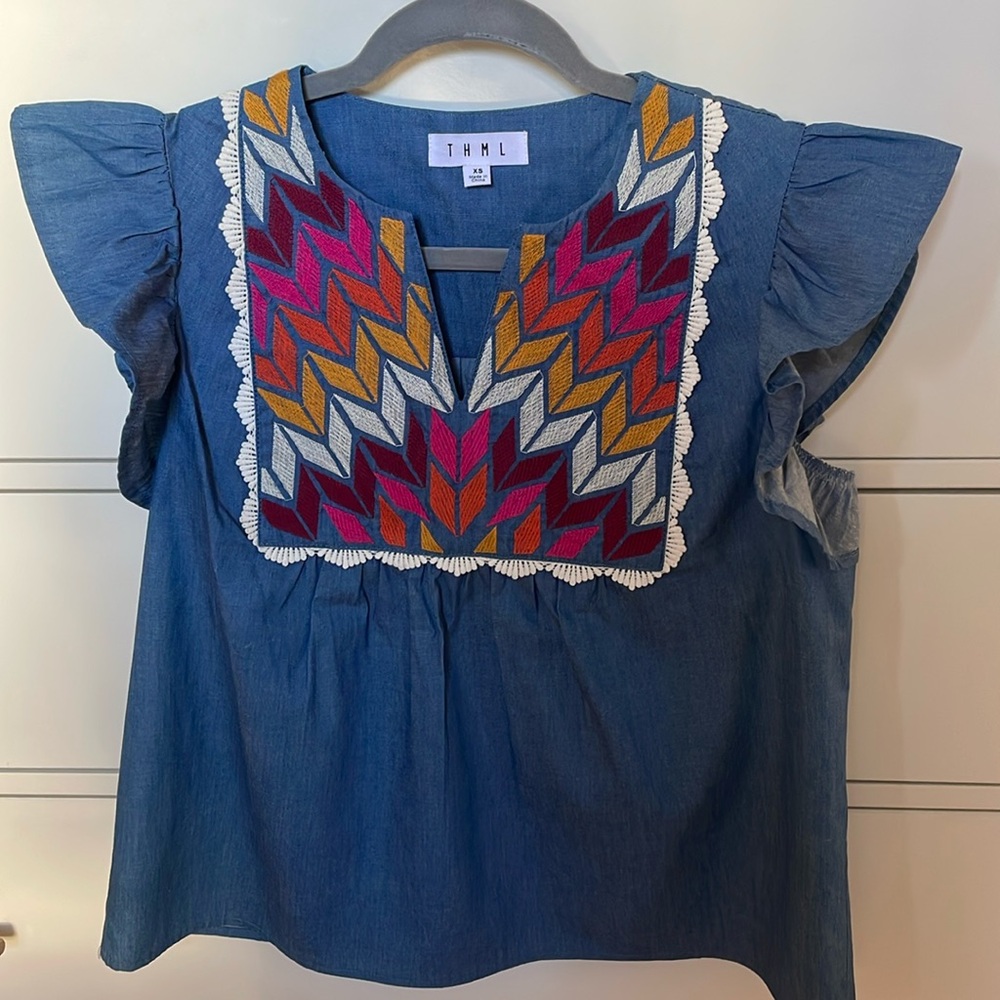 THML denim embroidered BLOUSE